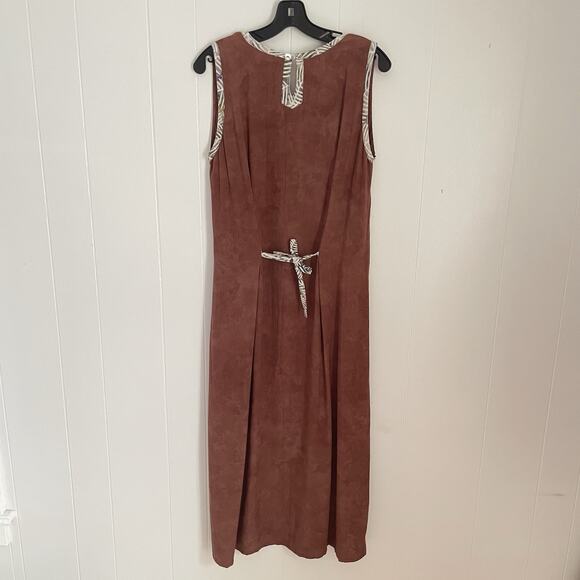 Rust Sleeveless Midi Dress Tropical Art to Wear Tie Back Boho Resort Rayon S NWT - Picture 2 of 9